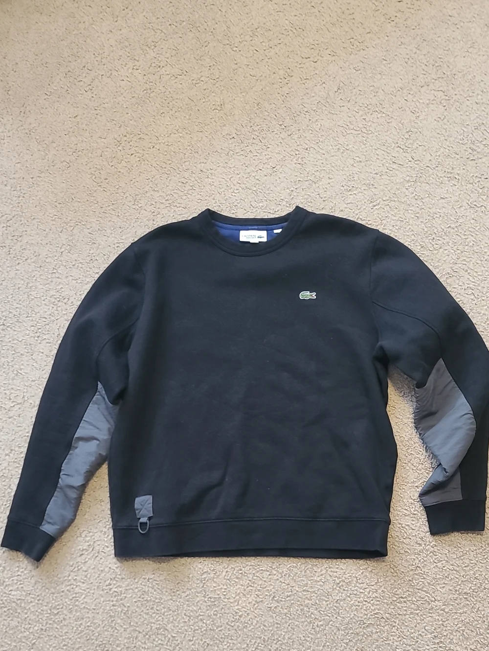 Men's L, Lacoste Black Crewneck Sweatshirt with Gray Sleeve Panels